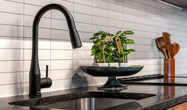 Close up of backsplash and kitchen finishes